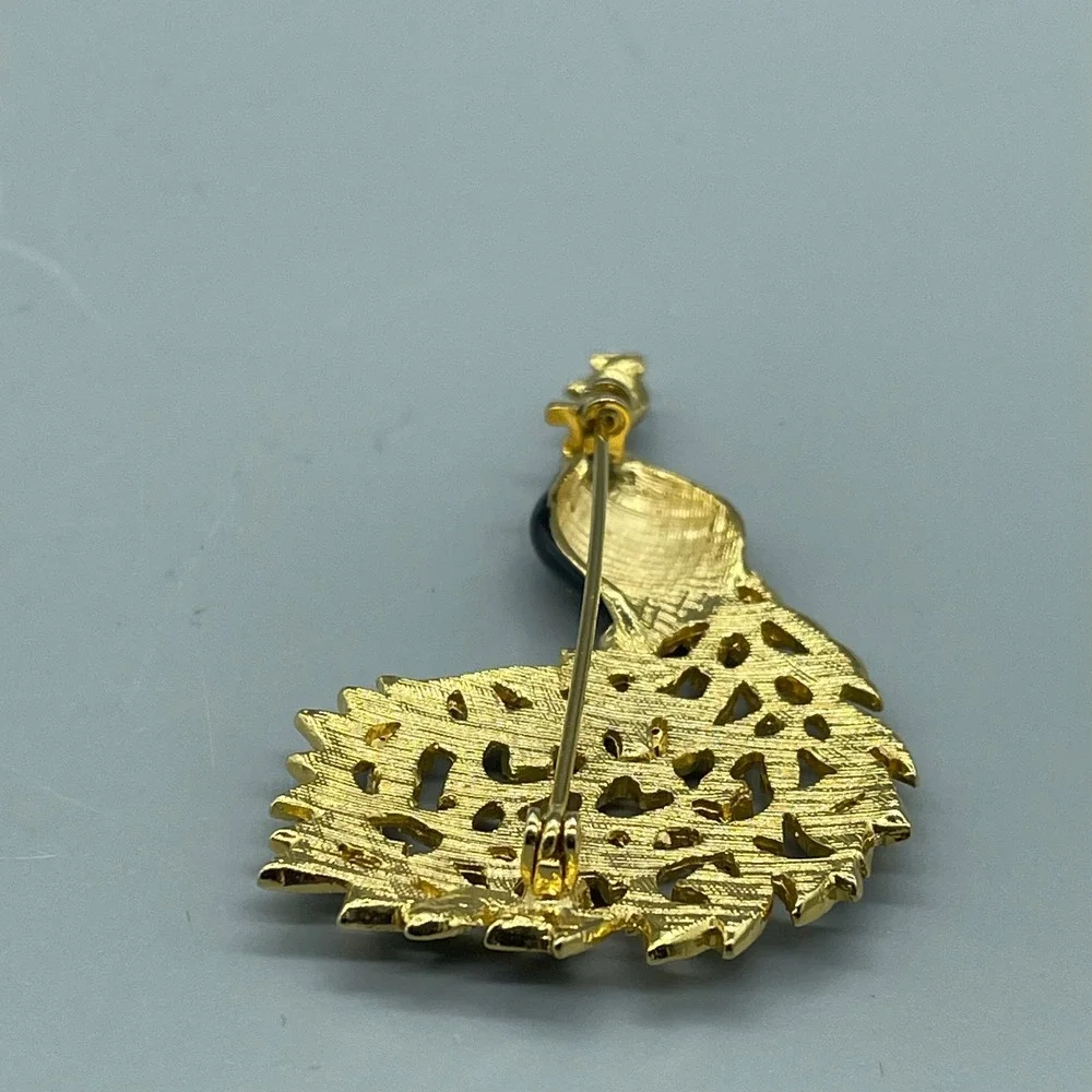 Vintage Gold Tone Black Enamel‎ Peacock Brooch Rhinestone Bird Pin Jewelry